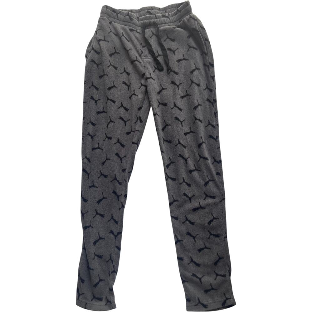 PUMA Fleece Joggers Sweatpants Gray All-Over Logo Drawstring